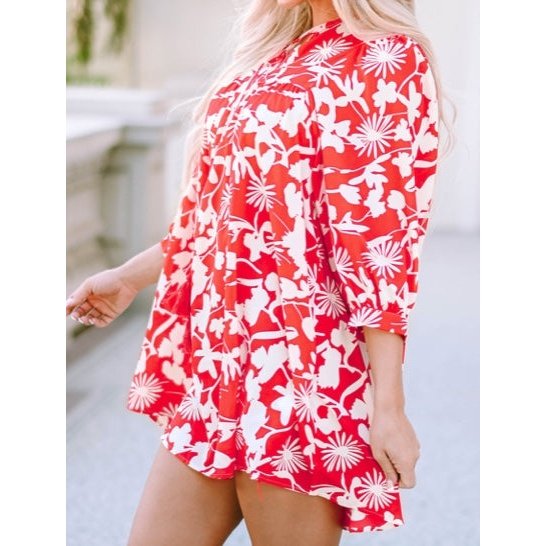 Rosie Red Floral Print Puff Sleeve Split Neck Babydoll Mini Dress