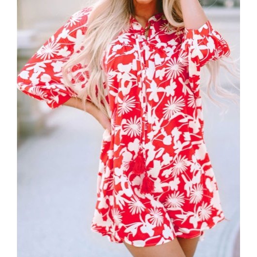 Rosie Red Floral Print Puff Sleeve Split Neck Babydoll Mini Dress