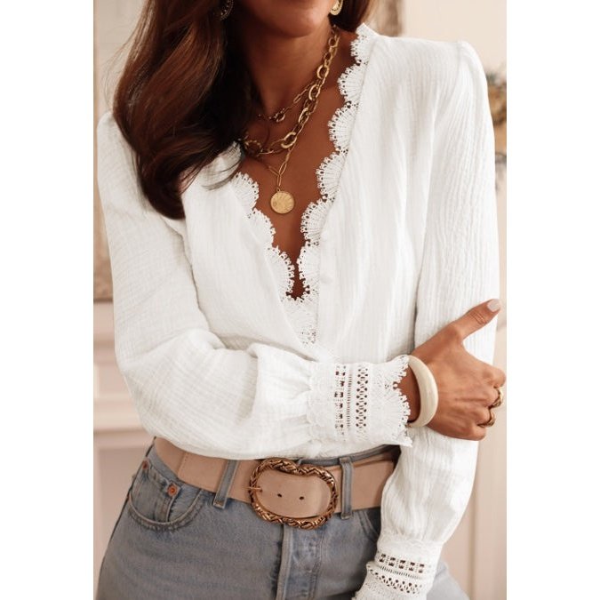 Kathi White Lace Crochet Trim Deep V Neck Textured Blouse