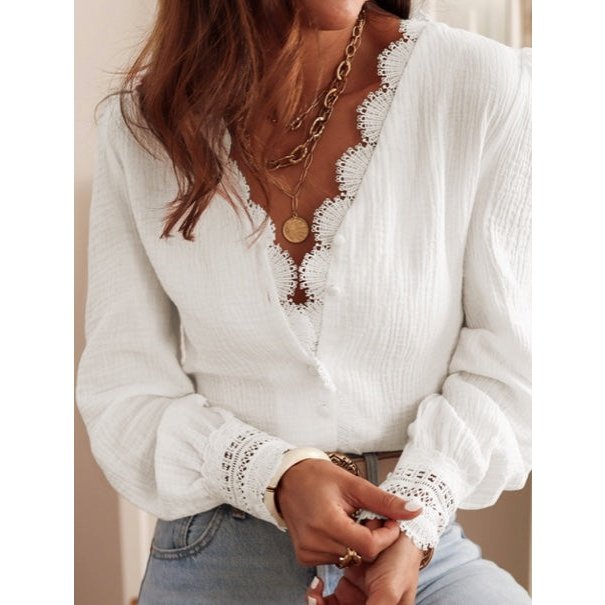 Kathi White Lace Crochet Trim Deep V Neck Textured Blouse