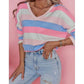 Lavina Pink Contrast Striped V Neck Long Sleeve Top