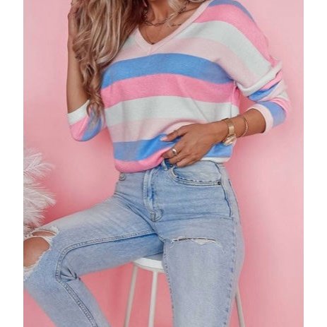 Lavina Pink Contrast Striped V Neck Long Sleeve Top