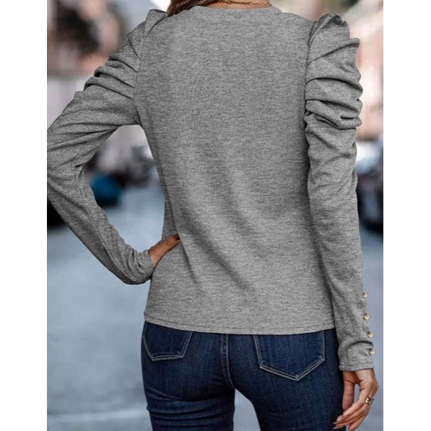 Gracie Grey Buttoned Puff Long Sleeve Sheath Top