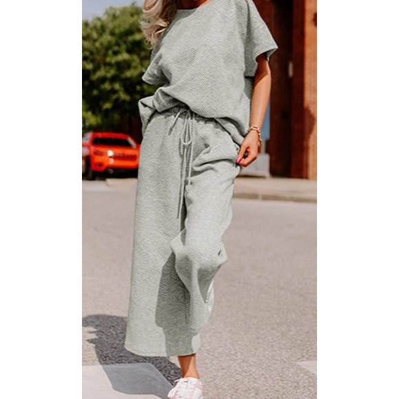 Belva Grey Textured Loose Fit T Shirt and Drawstring Pants Set