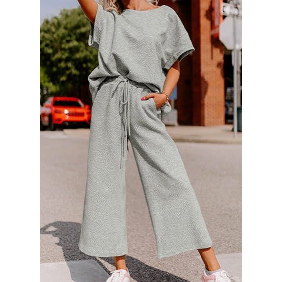 Belva Grey Textured Loose Fit T Shirt and Drawstring Pants Set