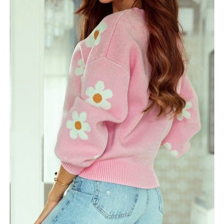 Dana Sue Pink Floral Pattern Drop Shoulder Sweater