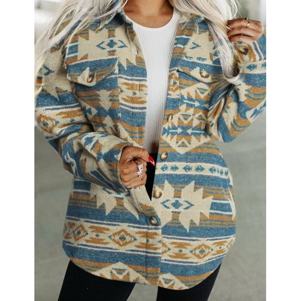 Katia Blue Western Aztec Print Button Flap Pocket Shacket