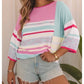 Vanette Pink Color Block Striped Three-Quarter Sleeve Knitted Top