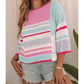 Vanette Pink Color Block Striped Three-Quarter Sleeve Knitted Top