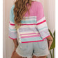 Vanette Pink Color Block Striped Three-Quarter Sleeve Knitted Top