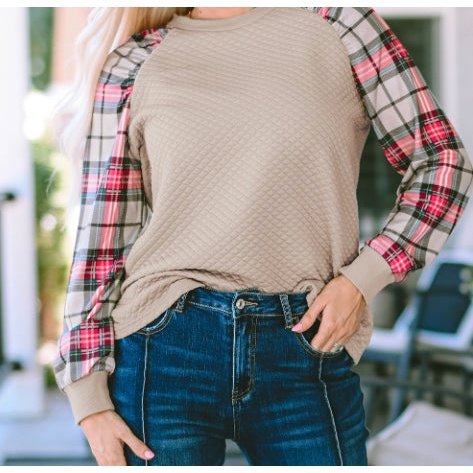 Caitlin Apricot Plaid Raglan Sleeve Sweatshirt