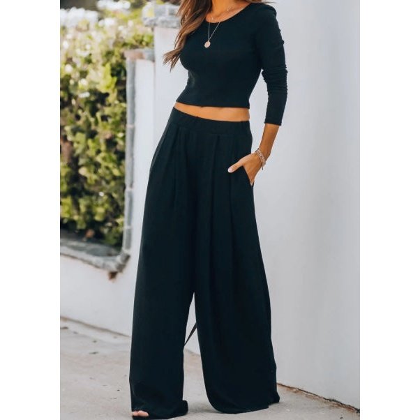 Ruth Black Black Solid Color Ribbed Crop Top Long Pants Set