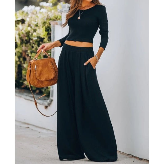 Ruth Black Black Solid Color Ribbed Crop Top Long Pants Set