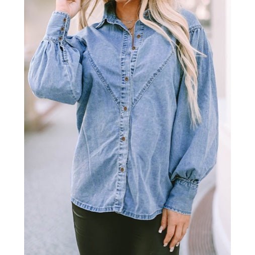 Luci V-shape Stitching Puff Sleeve Denim Shirt