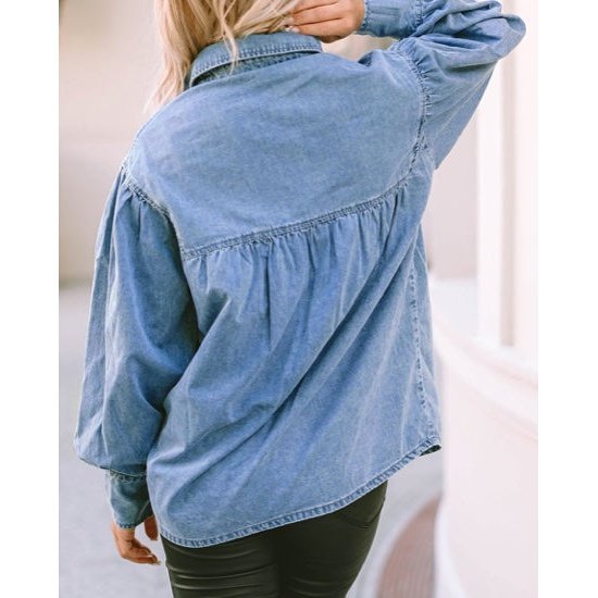 Luci V-shape Stitching Puff Sleeve Denim Shirt