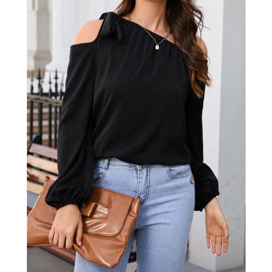 Rhianna Black Knotted Asymmetric Off Shoulder Blouse