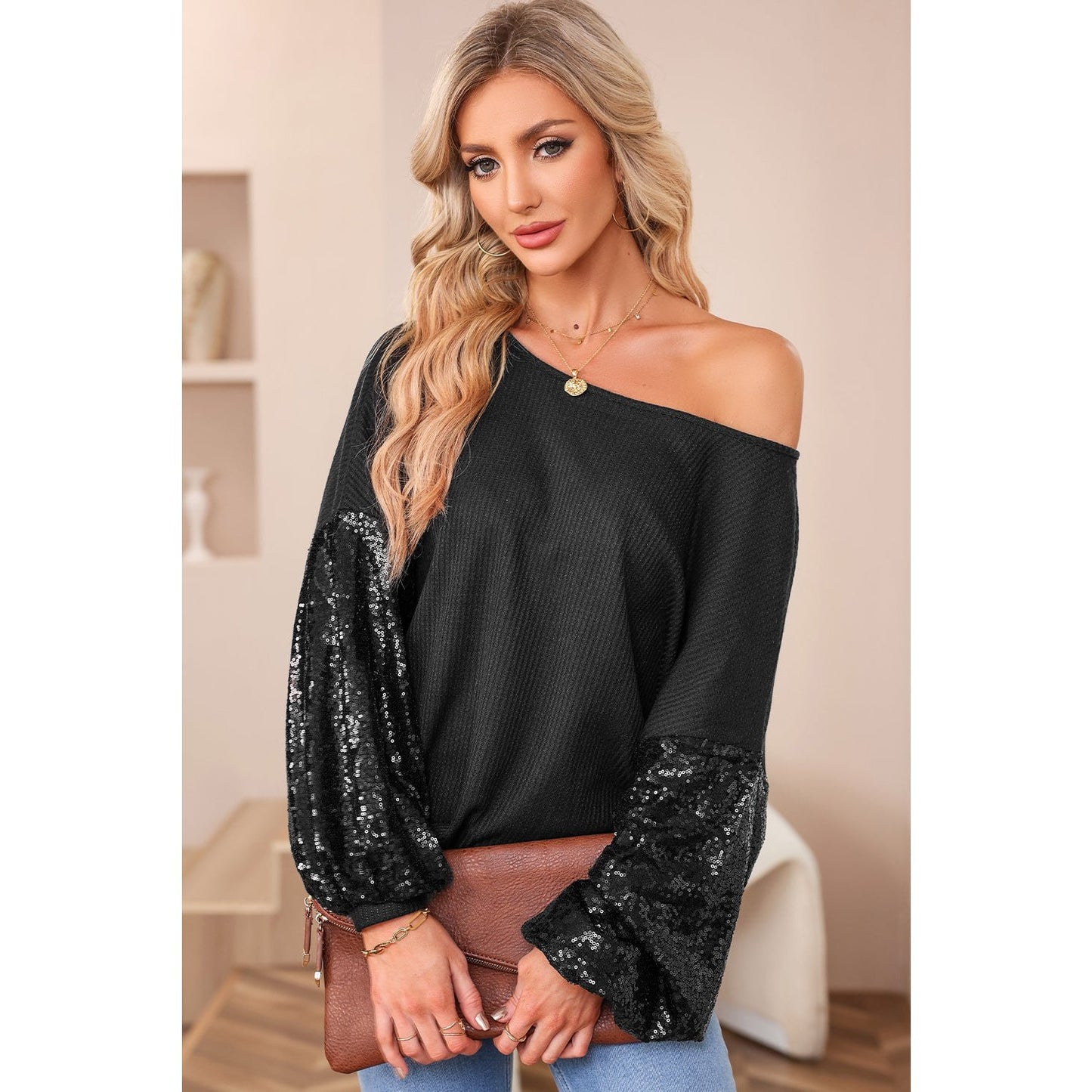 Melania Black Sequin Patchwork Sleeve Open Back Waffle Knit Top