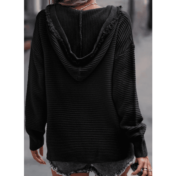 REDUCED!!!  Martina Black V Neck Ribbed Drop Shoulder Hooded Sweater  REDUCED!!!