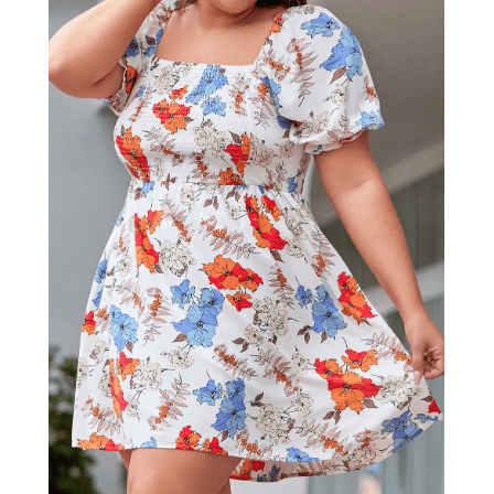 Tabby White Floral Smocked Flared Plus Size Dress