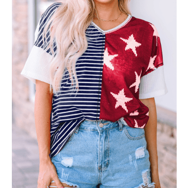 Liberty Blue Stripe Star Print Knit Short Sleeves Top