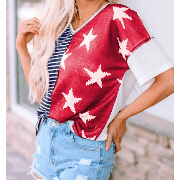 Liberty Blue Stripe Star Print Knit Short Sleeves Top