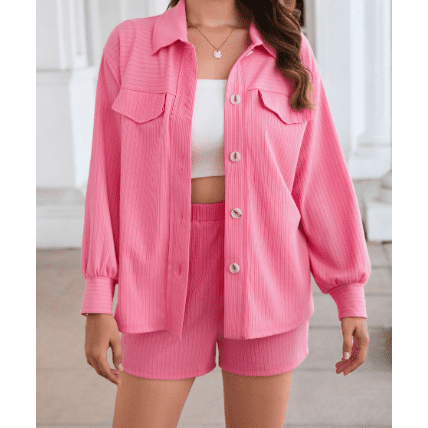 Vonda Pink Ribbed Knit Button Top and Shorts Set