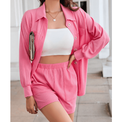 Vonda Pink Ribbed Knit Button Top and Shorts Set