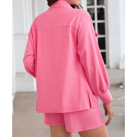 Vonda Pink Ribbed Knit Button Top and Shorts Set