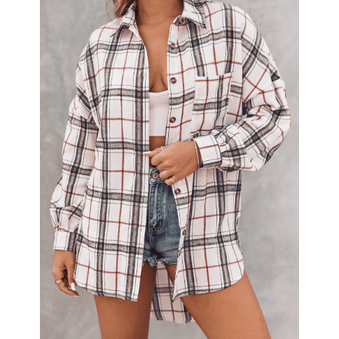 Ridley White Oversized Plaid Pattern Shacket with Slits