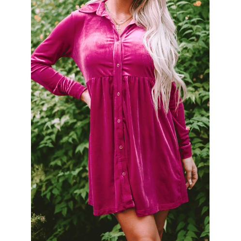 Victoria Pink Long Sleeve Ruffle Velvet Button Up Dress