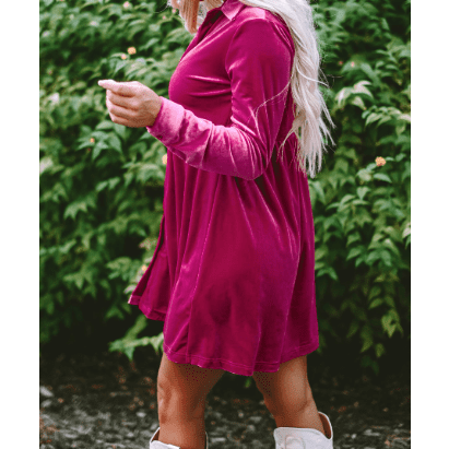 Victoria Pink Long Sleeve Ruffle Velvet Button Up Dress