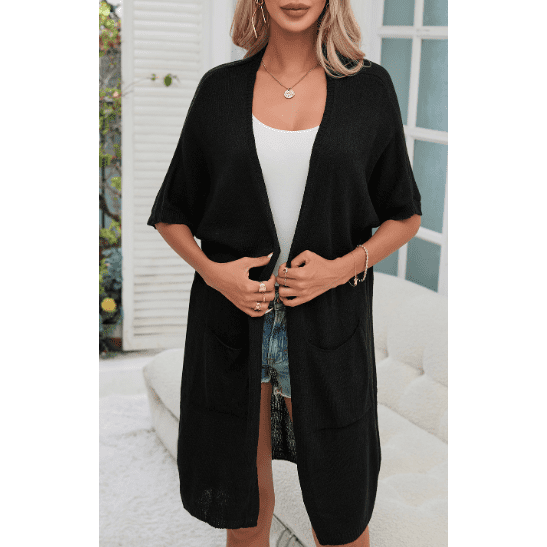 Lulla Black Dolman Half Sleeve Pocketed Long Cardigan