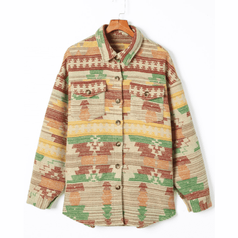 Katia Yellow Western Aztec Print Button Flap Pocket Shacket