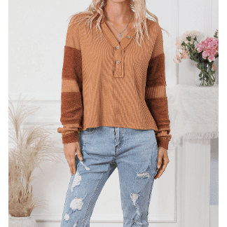 Cailey Orange Contrast Patched Exposed Seam Waffle Knit Henley Top