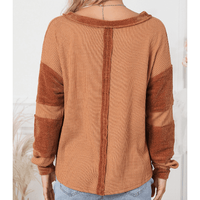 Cailey Orange Contrast Patched Exposed Seam Waffle Knit Henley Top