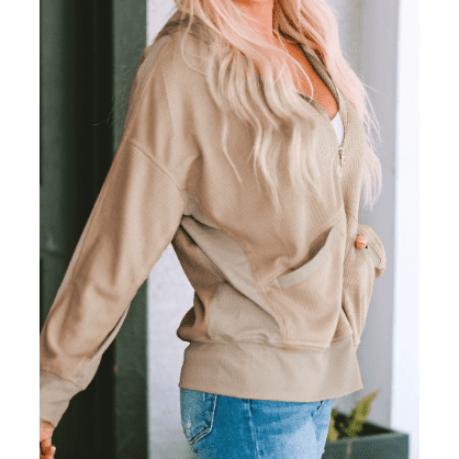 Annabelle Khaki Thermal Waffle Knit Full Zipper Hooded Jacket