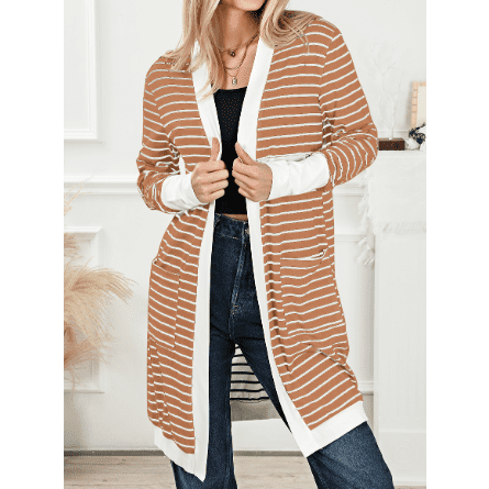 Madisyn Brown Striped Side Pockets Open Front Cardigan