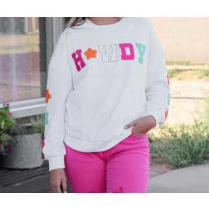 Howdy White Glitter Patch Graphic Casual Sweatshirt