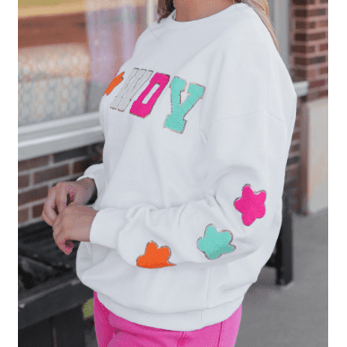 Howdy White Glitter Patch Graphic Casual Sweatshirt