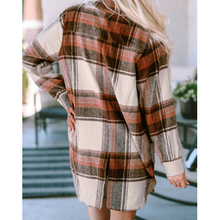 Kimora Brown Plaid Print Flap Pockets Long Shacket