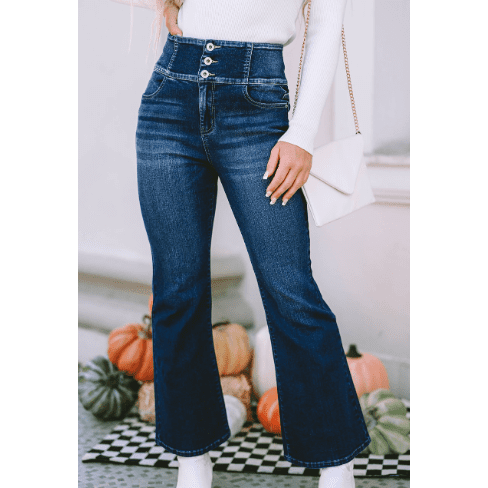 Jaleah Buttoned Elastic Wide Waistband Back Flare Jeans