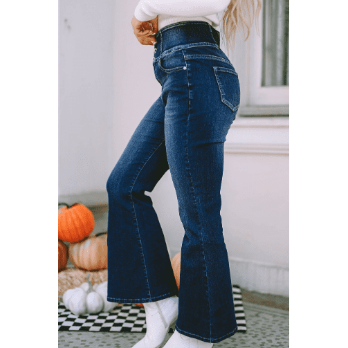 Jaleah Buttoned Elastic Wide Waistband Back Flare Jeans