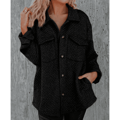 Josie Black Retro Quilted Flap Pocket Button Shacket