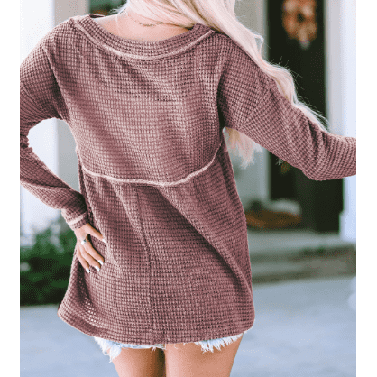 Malisha Waffle Knit V Neck Long Sleeve Babydoll Top