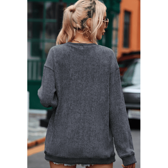 Kelis Grey Solid Ribbed Knit Round Neck Pullover Sweatshirt