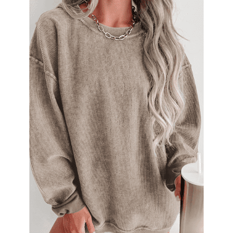 Kelis Khaki Solid Ribbed Knit Round Neck Pullover Sweatshirt