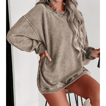 Kelis Khaki Solid Ribbed Knit Round Neck Pullover Sweatshirt