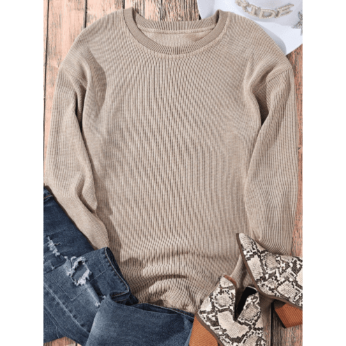 Kelis Khaki Solid Ribbed Knit Round Neck Pullover Sweatshirt