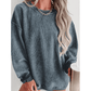 Kelis Blue Solid Ribbed Knit Round Neck Pullover Sweatshirt