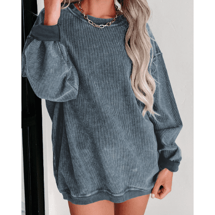 Kelis Blue Solid Ribbed Knit Round Neck Pullover Sweatshirt